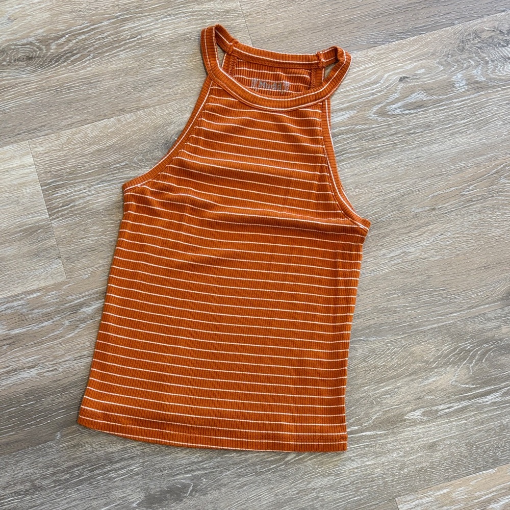 Orange Striped Sleeveless High Neck Stretchy Top